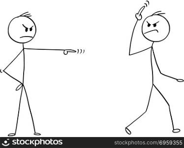 Cartoon of Arrogant Man, Worker or Businessman Fired, Sacked or Dismissed From Work and Showing Fuck You Gesture Sign.. Cartoon stick man drawing conceptual illustration of arrogant businessman fired, sacked or dismissed from work by manager or boss showing bad fuck you off middle finger gesture sign.
