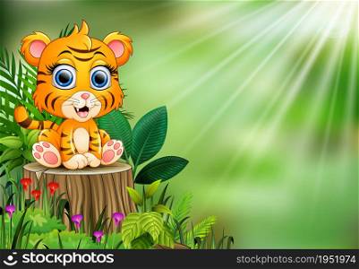 Cartoon of baby tiger sitting on tree stump with green plants