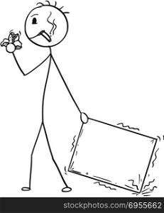 Cartoon of Bad Delivery Man or Businessman Negligently Pulling Carton Box, Usable as Empty Sign. Cartoon stick man drawing conceptual illustration of bad and unmotivated man or businessman negligently pulling the carton box. Business concept of poor delivery service. Usable as empty or blank sign for text.