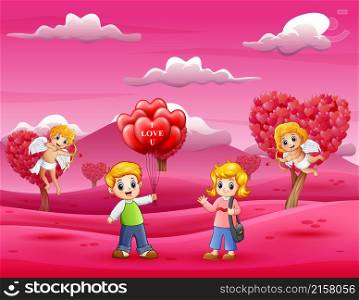 Cartoon of boys holding lots of balloons for girls