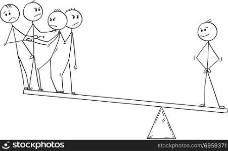 Cartoon of Business Team and individuality Balance. Cartoon stick man drawing conceptual illustration of businessman and team balancing on the seesaw. Business concept of teamwork and individuality.