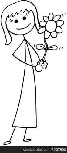 Cartoon of Business Woman with Blooming Plant in Hand. Cartoon stick man drawing conceptual illustration of business woman care about blooming plant in his hand. Business concept of investment, growth and success .