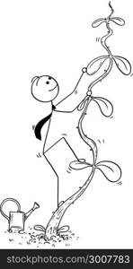 Cartoon of Businessman Climbing High Beanstalk Plant for Success. Cartoon stick man drawing conceptual illustration of businessman climbing high plant or beanstalk. Business concept of success, career and startup.