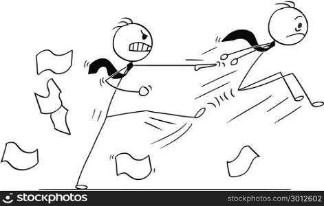 Cartoon of Businessman Fired or Kicked Out From The Job. Cartoon stick man drawing conceptual illustration of Businessman fired or kicked out of the job by angry boss or manager. Business concept of employment and career.