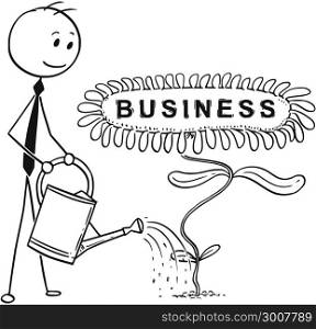 Cartoon of Businessman Gardener Watering Blooming Plant with Flower as Business Sign. Cartoon stick man drawing conceptual illustration of businessman gardener in garden watering blooming plant with can. Large flower as business sign. Concept of career, growth and investment.