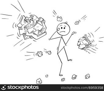Cartoon of Businessman Hit or Stoned by Crumpled Paper Balls. Cartoon stick man drawing conceptual illustration of businessman stoned or hit by crumpled paper balls.