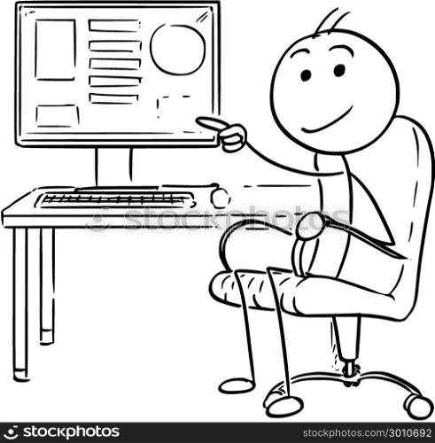 Cartoon of Businessman Pointing at Computer Screen. Cartoon stick man drawing conceptual illustration of businessman pointing at computer screen with data.