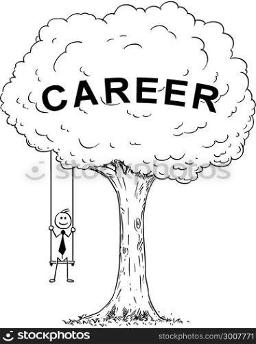 Cartoon of Businessman Sitting on the Swing Hanging on the Tree. Cartoon stick man drawing conceptual illustration of happy businessman sitting on the tree swing hanging on the branch. Business concept of career success.