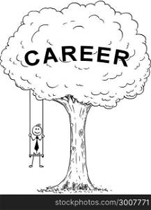 Cartoon of Businessman Sitting on the Swing Hanging on the Tree. Cartoon stick man drawing conceptual illustration of happy businessman sitting on the tree swing hanging on the branch. Business concept of career success.