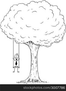 Cartoon of Businessman Sitting on the Swing Hanging on the Tree. Cartoon stick man drawing conceptual illustration of happy businessman sitting on the tree swing hanging on the branch. Business concept of success.