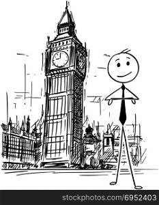 Cartoon of Businessman Standing in Front of Big Ben Clock Tower in London, England. Cartoon stick man drawing conceptual illustration of businessman standing in front of Westminster Palace, Big Ben Elizabeth clock tower in London, England. Concept of doing business in United Kingdom.