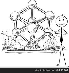 Cartoon of Businessman Standing in Front of the Atomium, Brussels, Belgium. Cartoon stick man drawing conceptual illustration of businessman standing in front of Atomium, Brussels. Concept of doing business in Belgium.