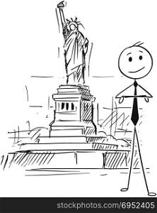 Cartoon of Businessman Standing in Front of the Statue of Liberty, New york, United States. Cartoon stick man drawing conceptual illustration of businessman standing in front of Statue of Liberty, New York. Concept of doing business in USA or United States.
