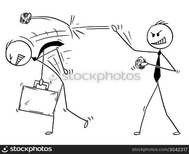 Cartoon of Businessman Throwing Paper Balls on Another Man. Cartoon stick drawing conceptual illustration of businessman throwing paper balls on another man. Business concept of competition.