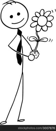 Cartoon of Businessman with Blooming Plant in Hand. Cartoon stick man drawing conceptual illustration of businessman care about blooming plant in his hand. Business concept of investment, growth and success .
