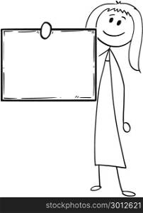 Cartoon of Businesswoman or Woman Holding Empty or Blank Sign. Cartoon stick man drawing conceptual illustration of woman or businesswoman holding empty or blank sing in front of him.