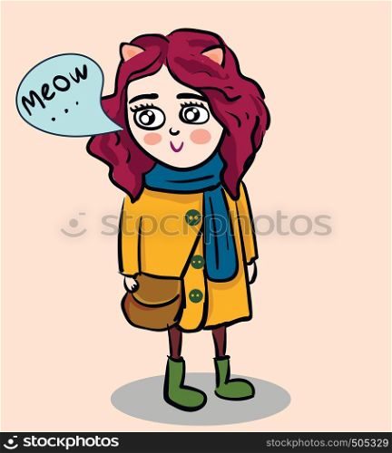 Cartoon of cat girl in yellow coat and blue scarf vector illustration on white background.