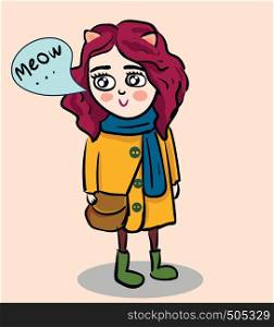 Cartoon of cat girl in yellow coat and blue scarf vector illustration on white background.
