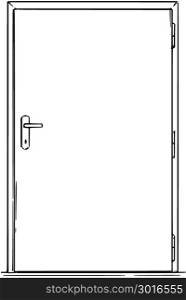 Cartoon of Closed Modern Door. Cartoon stick man drawing conceptual illustration of closed modern door. Business concept of decision and challenge.