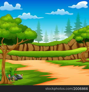 Cartoon of forest background with dirt road