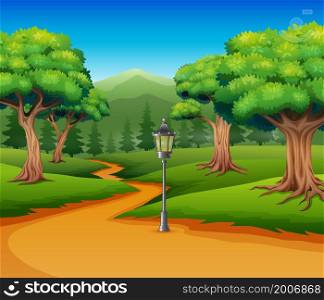 Cartoon of forest background with dirt road