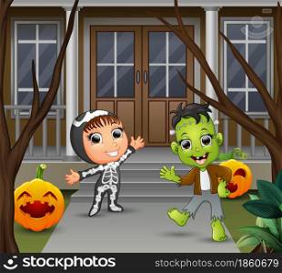 Cartoon of frankenstein and skeleton standing in front of the house