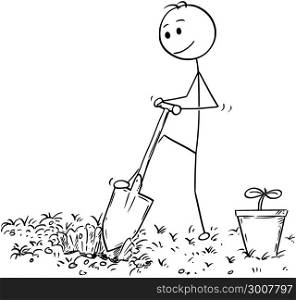 Cartoon of Gardener Digging a Hole for Plant. Cartoon stick man drawing illustration of gardener on garden digging a hole for plant with shovel or spade.