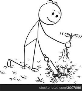 Cartoon of Gardener Digging a Hole for Plant. Cartoon stick man drawing illustration of gardener on garden digging a hole for plant with small shovel.