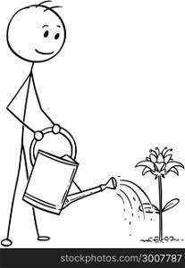 Cartoon of Gardener Watering Blooming Plant. Cartoon stick man drawing illustration of gardener on garden watering blooming plant with can.