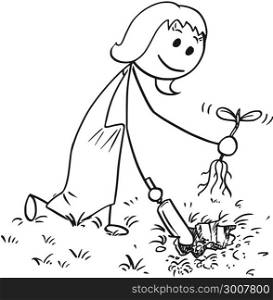 Cartoon of Gardener Woman Digging a Hole for Plant. Cartoon stick man drawing illustration of gardener on garden digging a hole for plant with small shovel.