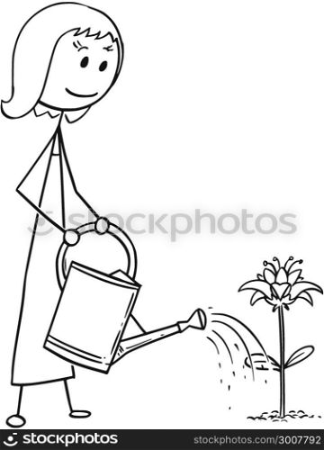 Cartoon of Gardener Woman Watering Blooming Plant. Cartoon stick man drawing illustration of female gardener woman on garden watering blooming plant with can.