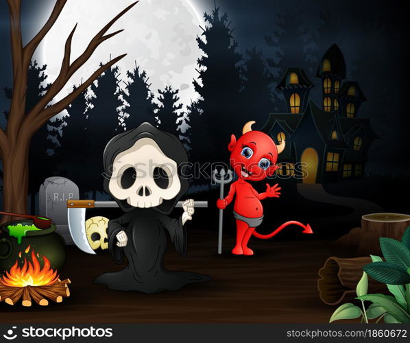 Cartoon of grim reaper and red devil outdoors in the night