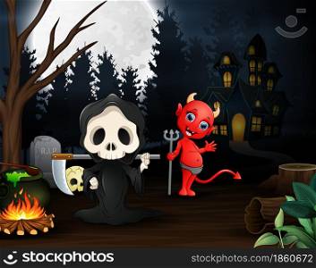 Cartoon of grim reaper and red devil outdoors in the night