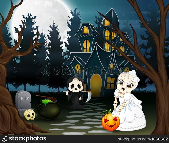 Cartoon of grim reaper and skull bride in the halloween day