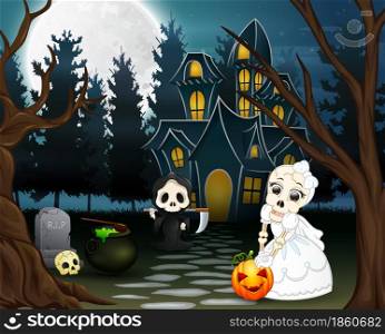 Cartoon of grim reaper and skull bride in the halloween day