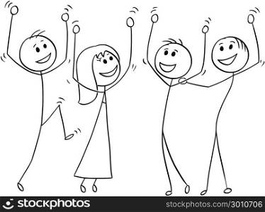 Cartoon of Group of People Celebrating Success. Cartoon stick man drawing illustration of business team or group of people celebrating success.