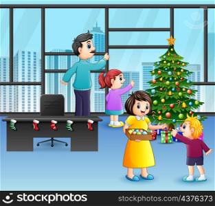 Cartoon of Happy family decorating a christmas tree