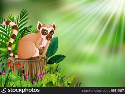 Cartoon of lemur sitting on tree stump with green leaves and flowering plant