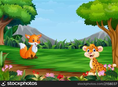 Cartoon of leopard and a fox playing in the jungle