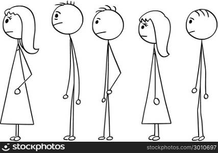 Cartoon of Line of People Waiting in Queue. Cartoon stick man drawing conceptual illustration of group of people waiting in line or queue. Concept of stress and powerlessness.