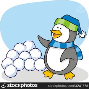 cartoon of little penguin with snow