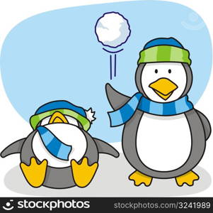 cartoon of little penguins with snow