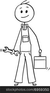 Cartoon of Male Worker With Wrench and Tool Box or Toolbox. Cartoon stick man drawing conceptual illustration of male worker or repairman with wrench and tool box or toolbox.
