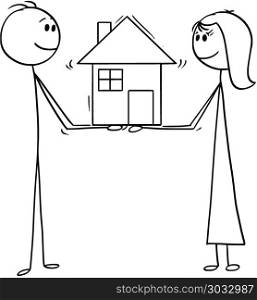 Cartoon of Man and Woman Holding Family House of Dreams. Cartoon stick man drawing conceptual illustration of man and woman holding together the family house of dreams. Concept of real estate investment.