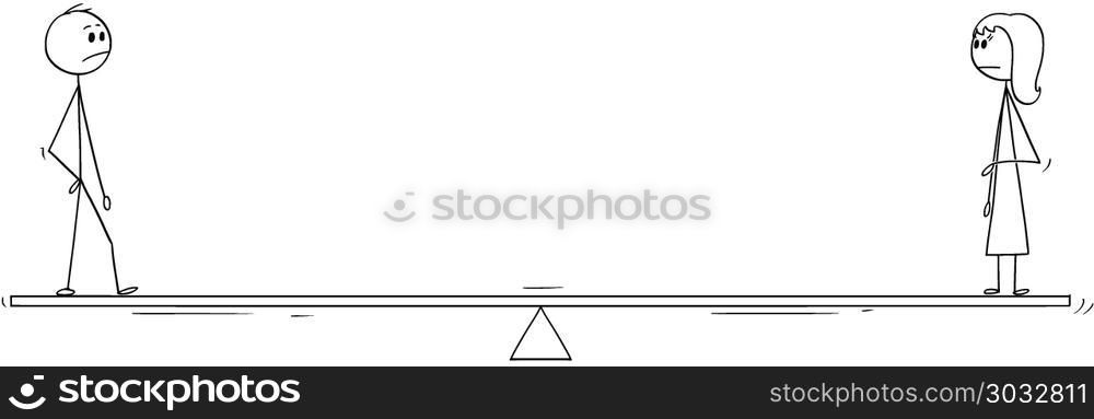 Cartoon of Man and Woman Standing on Balance Scale. Cartoon stick man drawing conceptual illustration of man and woman standing on balance scale. Concept of relationship difficulties or sex gender equality.