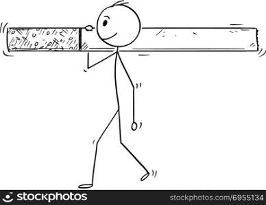 Cartoon of Man or Businessman Carrying Big Cigarette. Cartoon stick man drawing conceptual illustration of businessman carrying big cigarette. Concept of smoking and tobacco business.