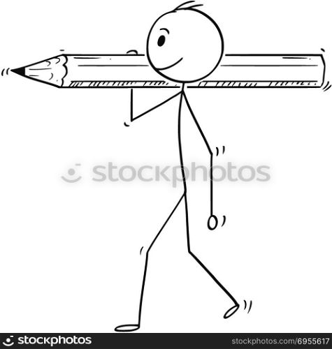 Cartoon of Man or Businessman Carrying Big Pencil. Cartoon stick man drawing conceptual illustration of businessman carrying big pencil. Business concept of paperwork and bureaucracy.