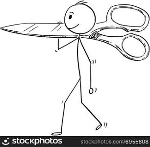 Cartoon of Man or Businessman Carrying Big Scissors. Cartoon stick man drawing conceptual illustration of businessman carrying big scissors. Business concept of paperwork and cutting.