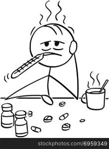 Cartoon of Man or Businessman Ill With Influenza or Cold Trying to Cure Yourself by Thermometer, Hot Tea and Pills or Tablets. Cartoon stick man drawing conceptual illustration of businessman ill with influenza, flu or cold trying to cure yourself by thermometer in mouth, hot tea and painkiller tablet or pill.