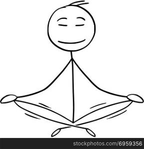 Cartoon of Man or Businessman in Yoga Lotus Position for Relaxation and Meditation. Cartoon stick man drawing conceptual illustration of businessman sitting in yoga lotus position for relaxation and meditation. Concept of healthy lifestyle.